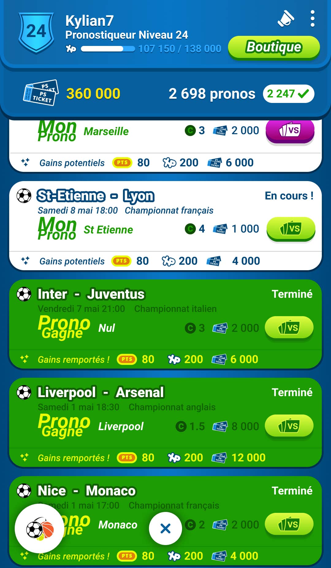 L'historique des pronostics PronoStars